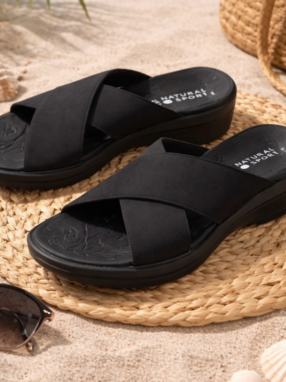 Natural Sport Black Cross-Strap Slide Sandals